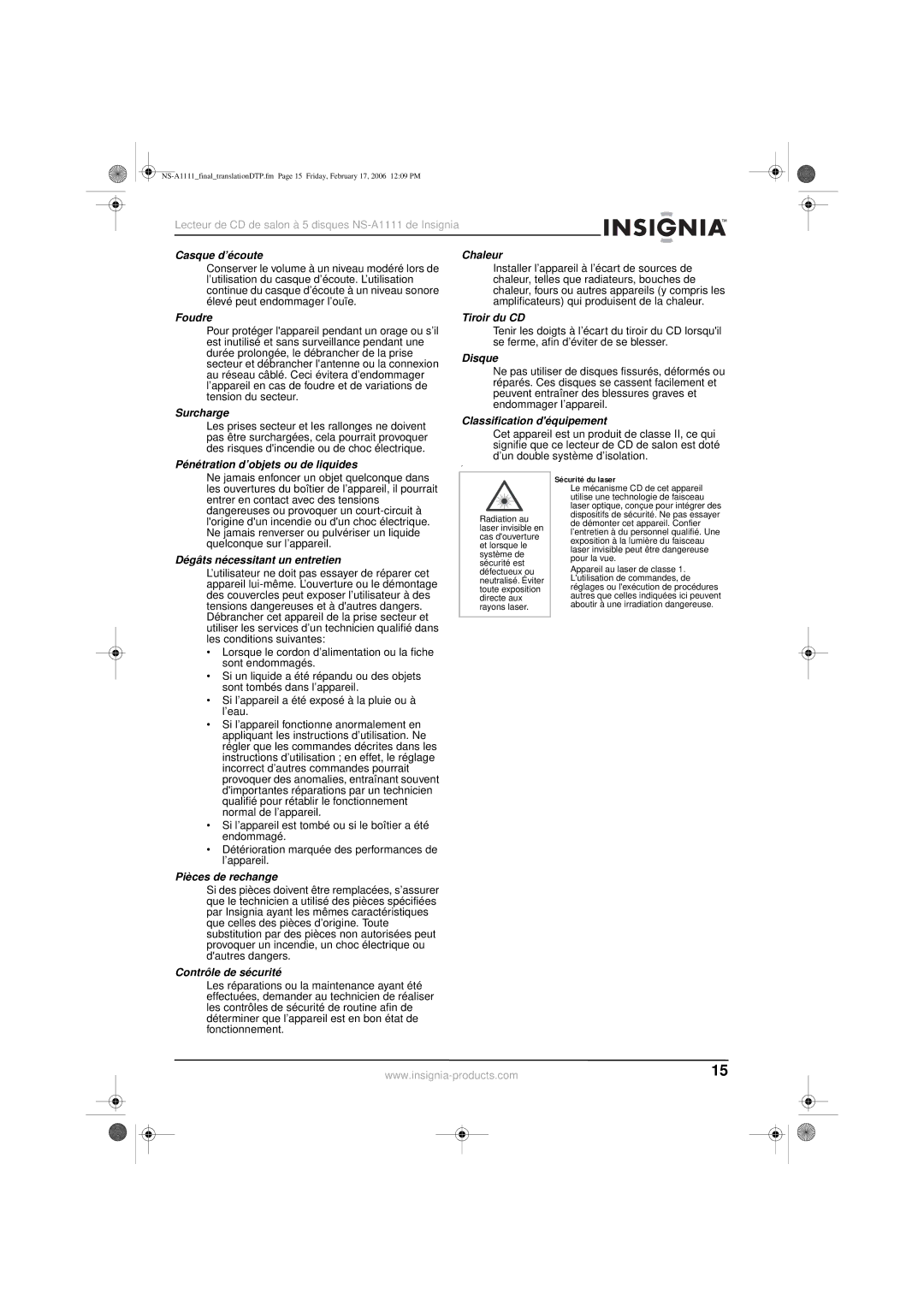 Insignia NS-A1111 manual Casque d’écoute Chaleur, Foudre, Surcharge, Tiroir du CD, Disque, Classification déquipement 