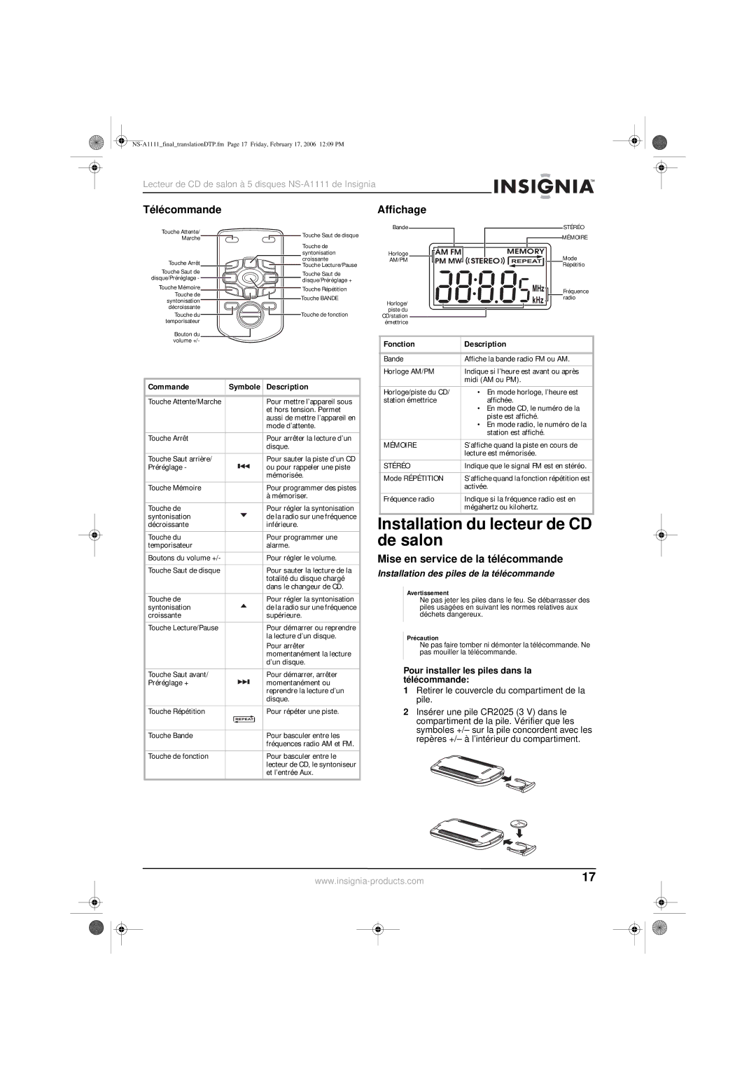 Insignia NS-A1111 Installation du lecteur de CD de salon, Télécommande, Affichage, Mise en service de la télécommande 