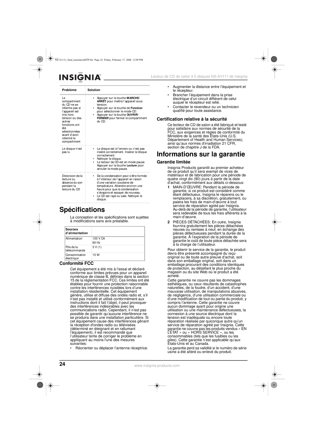 Insignia NS-A1111 manual Spécifications, Informations sur la garantie, Conformité FCC, Certification relative à la sécurité 