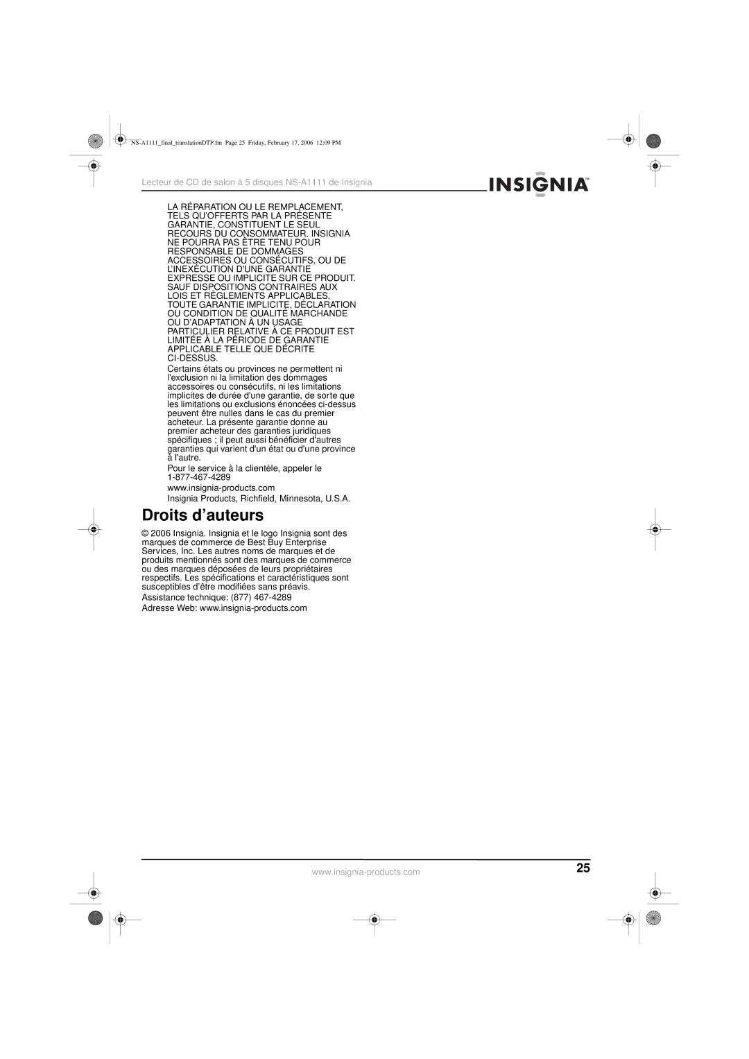 Insignia NS-A1111 manual Droits d’auteurs 