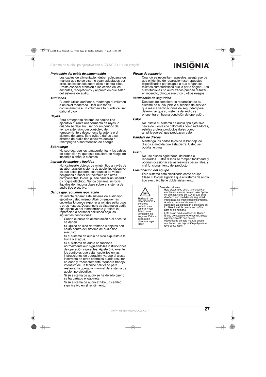 Insignia NS-A1111 Protección del cable de alimentación Piezas de repuesto, Audífonos, Rayos, Sobrecarga, Calor, Disco 