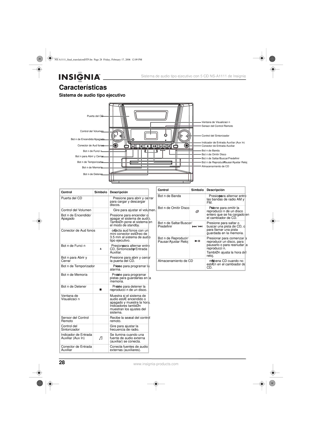 Insignia NS-A1111 manual Características, Sistema de audio tipo ejecutivo, Descripción 