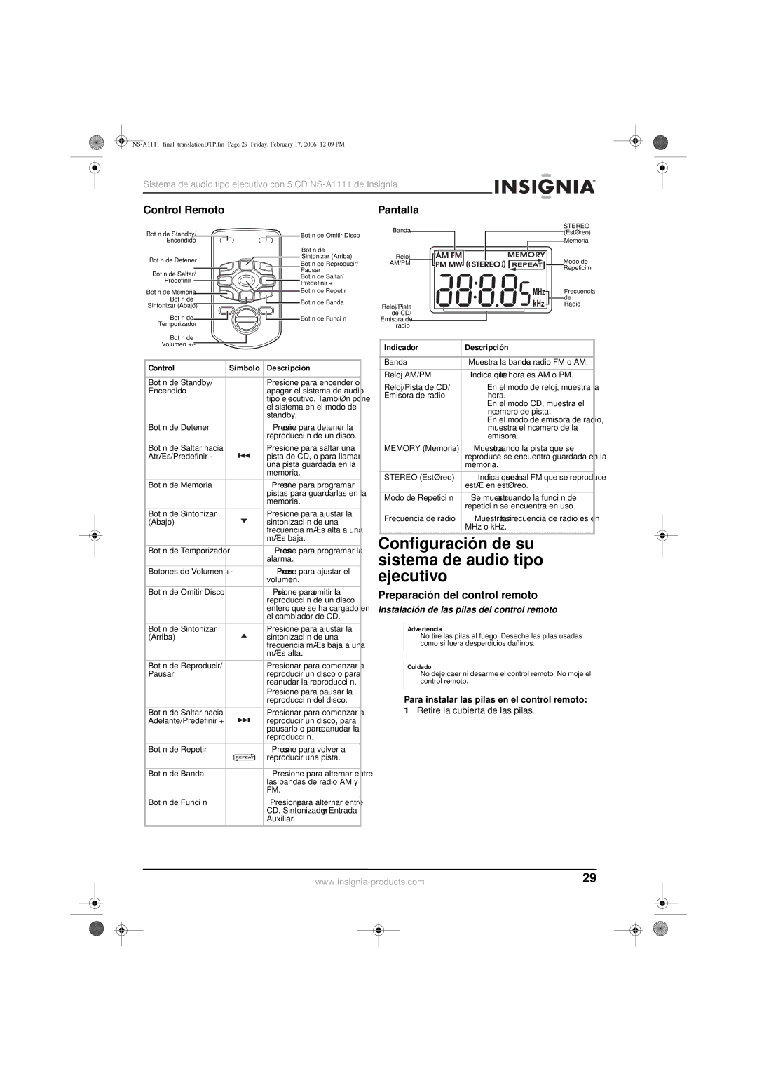 Insignia NS-A1111 manual Configuración de su sistema de audio tipo ejecutivo, Control Remoto, Pantalla 