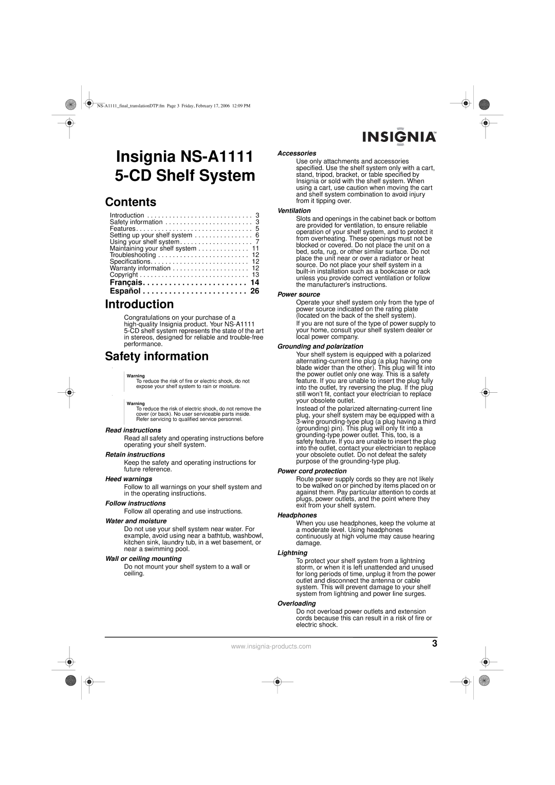 Insignia NS-A1111 manual Contents, Introduction, Safety information 