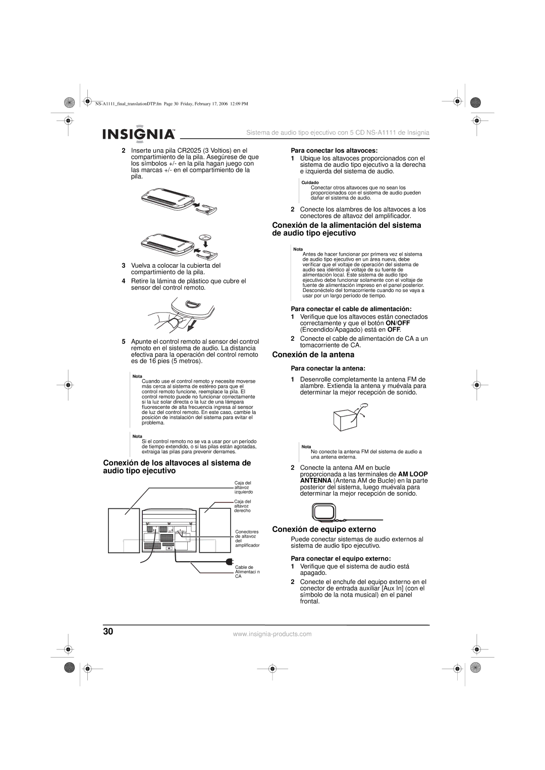 Insignia NS-A1111 manual Conexión de la antena, Conexión de equipo externo 