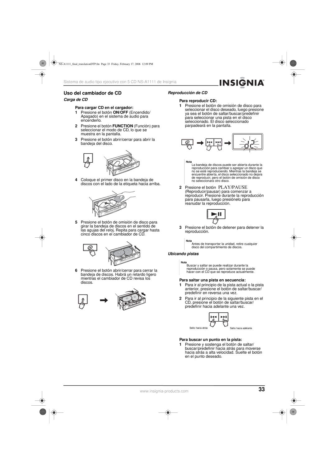 Insignia NS-A1111 manual Uso del cambiador de CD, Carga de CD, Reproducción de CD, Ubicando pistas 