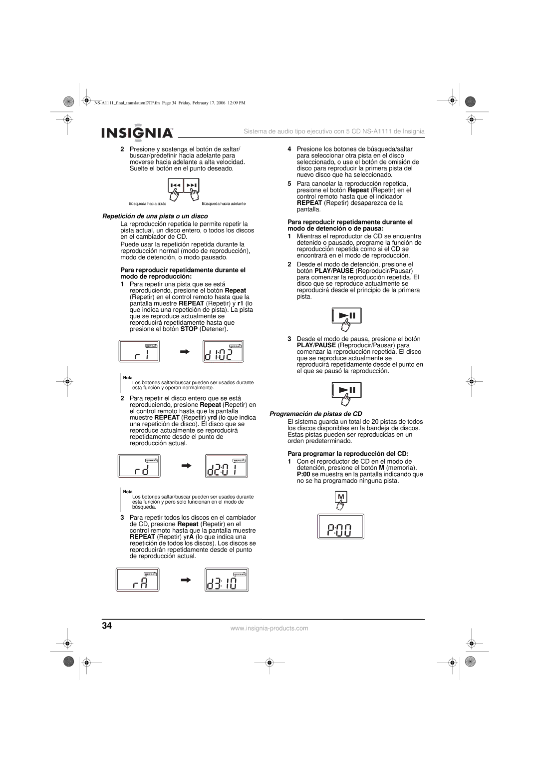 Insignia NS-A1111 Repetición de una pista o un disco, Programación de pistas de CD, Para programar la reproducción del CD 