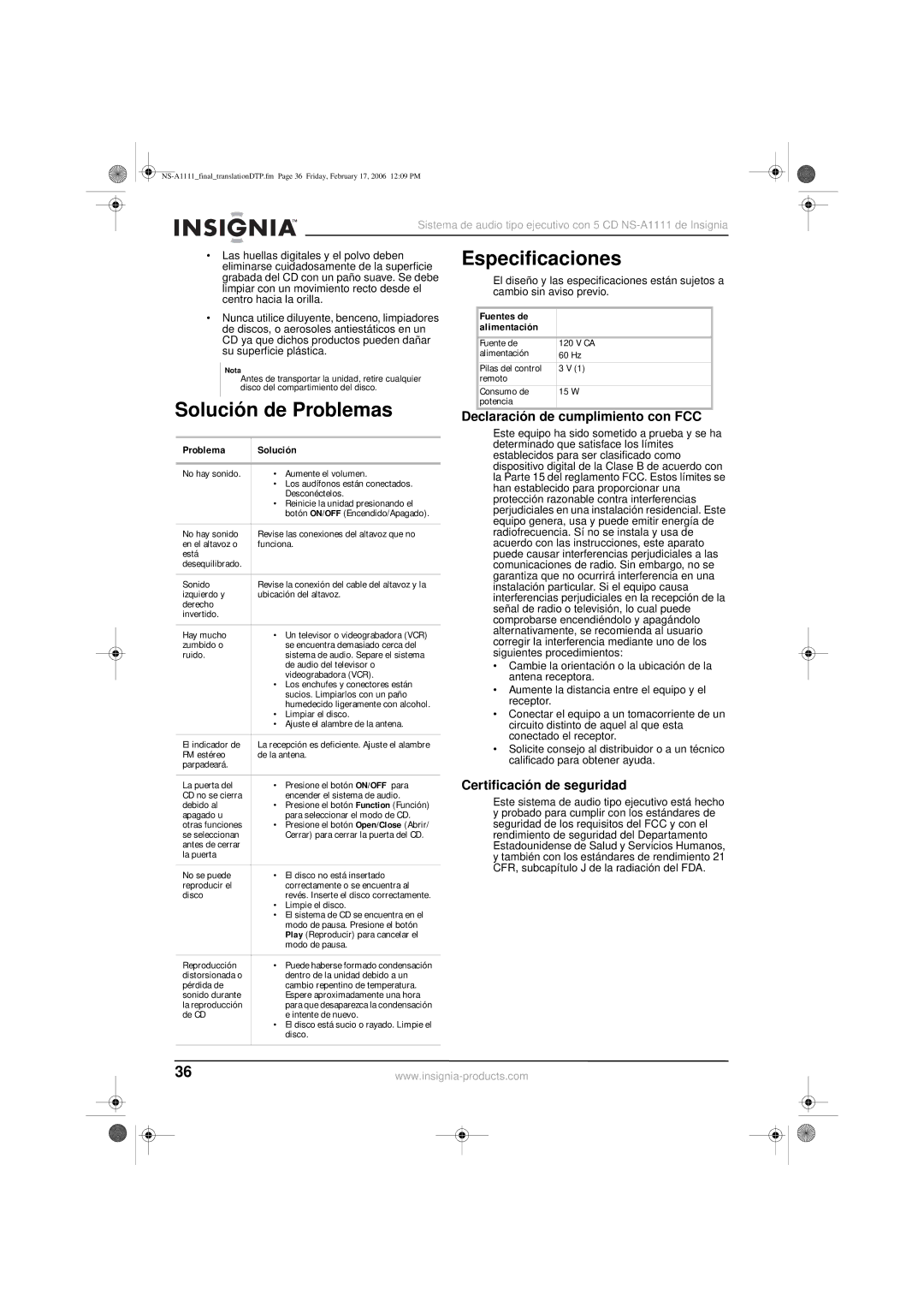 Insignia NS-A1111 Solución de Problemas, Especificaciones, Declaración de cumplimiento con FCC, Certificación de seguridad 