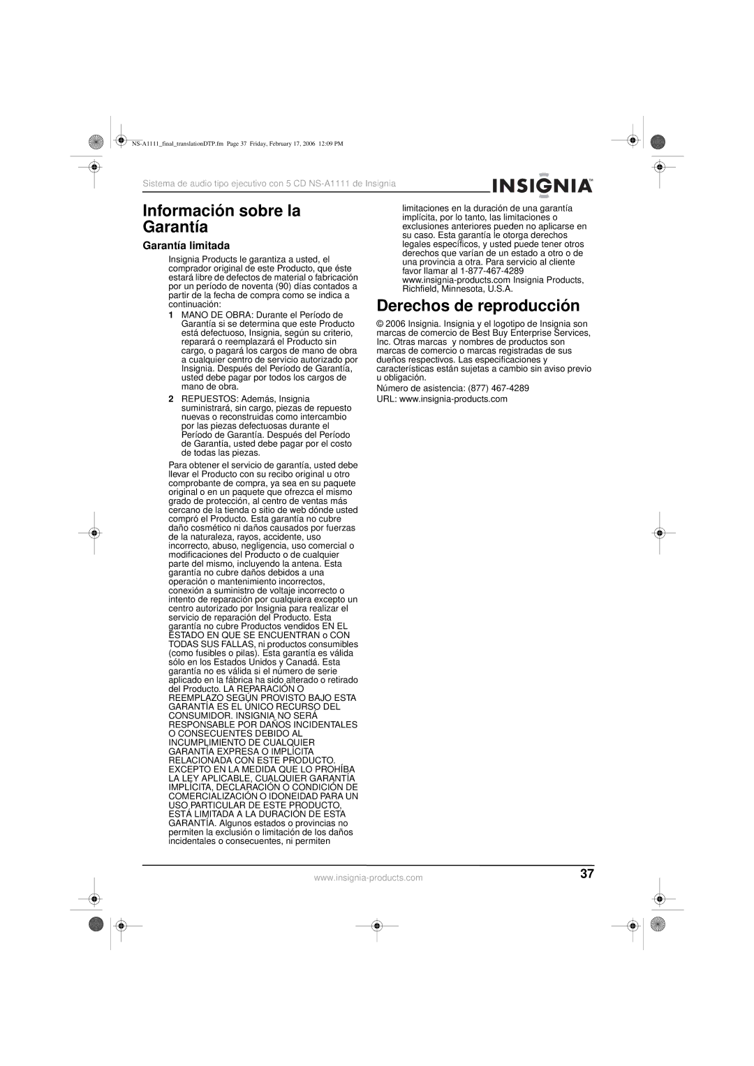 Insignia NS-A1111 manual Información sobre la, Derechos de reproducción, Garantía limitada 