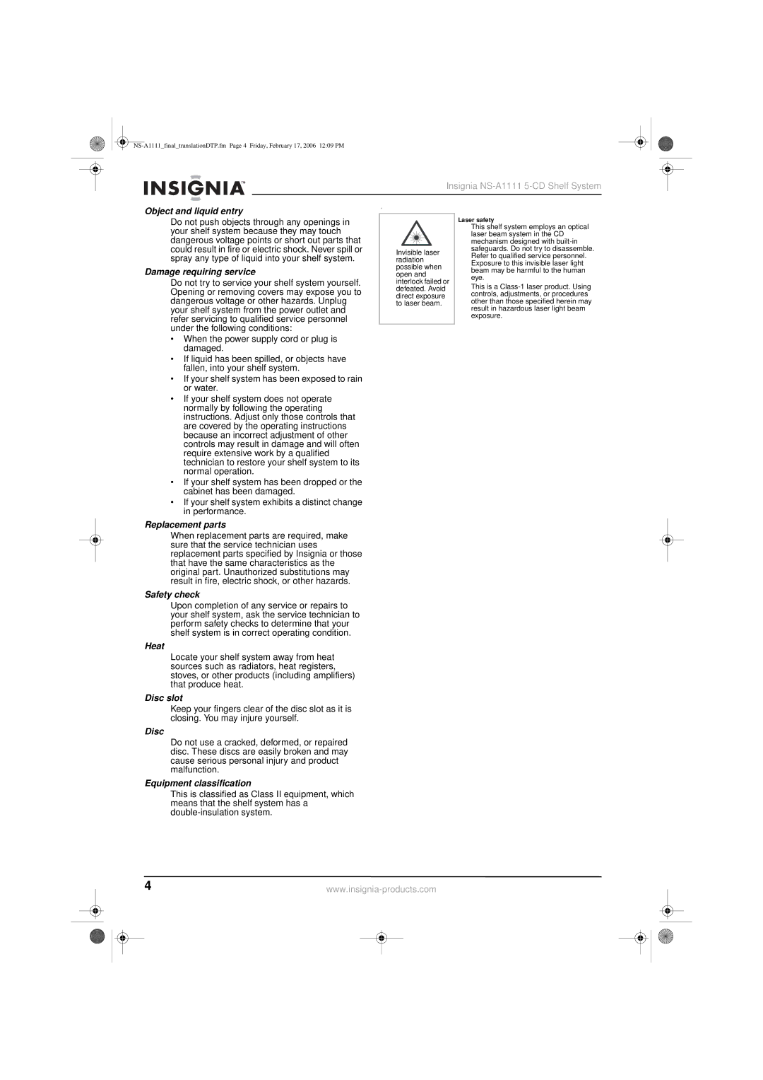 Insignia NS-A1111 Object and liquid entry, Damage requiring service, Replacement parts, Safety check, Heat, Disc slot 