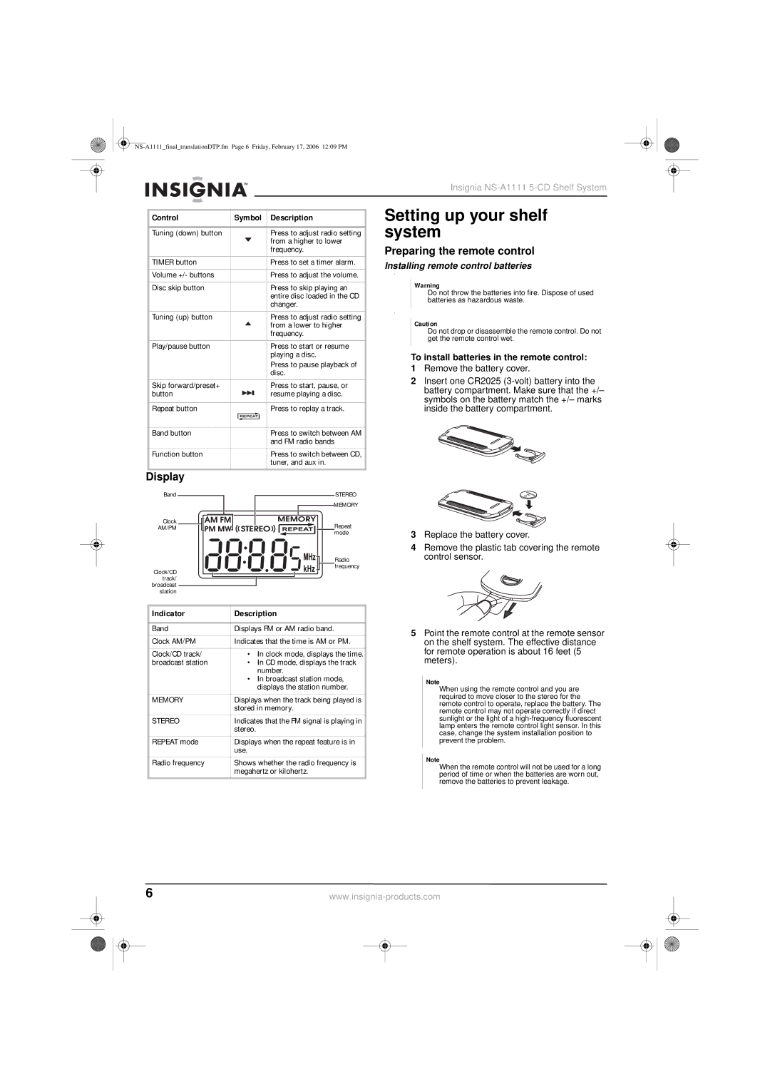 Insignia NS-A1111 Setting up your shelf system, Preparing the remote control, Display, Installing remote control batteries 