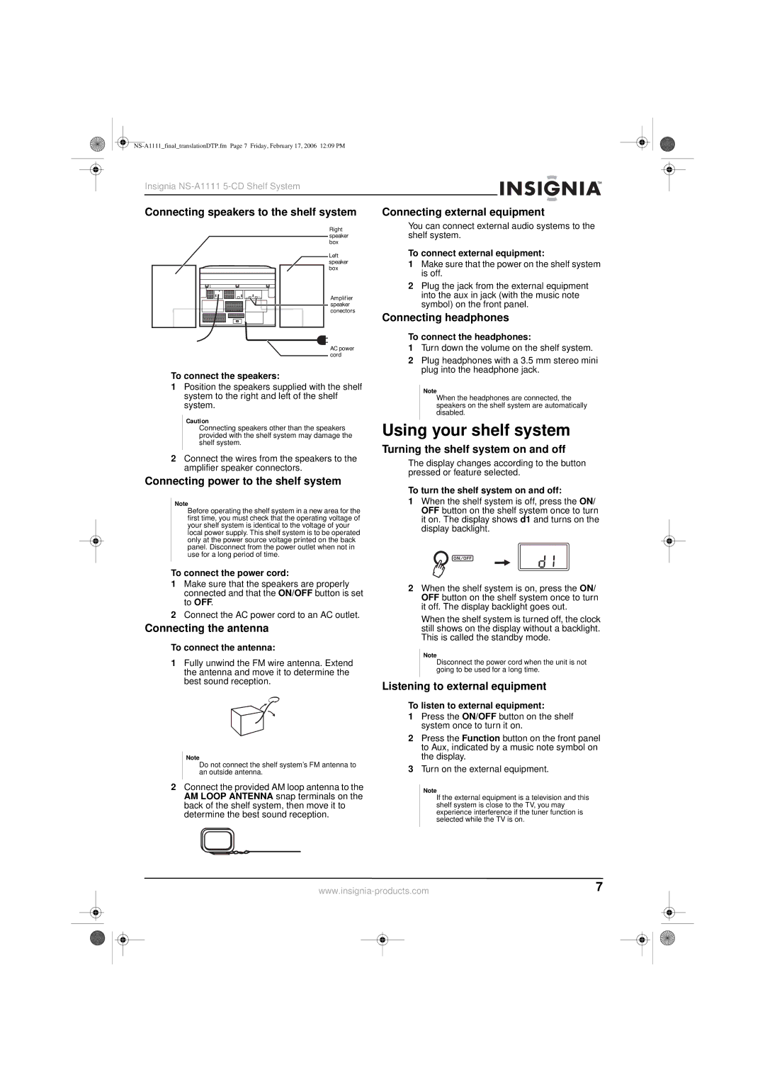 Insignia NS-A1111 manual Using your shelf system 