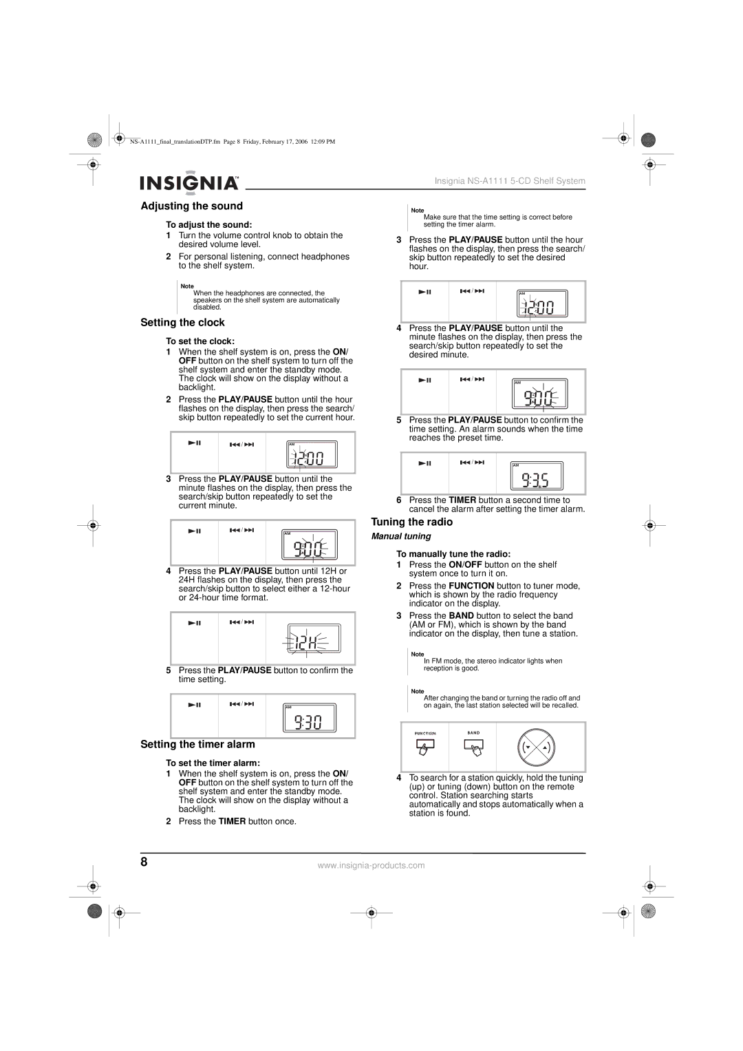 Insignia NS-A1111 manual Adjusting the sound, Setting the clock, Setting the timer alarm, Tuning the radio, Manual tuning 