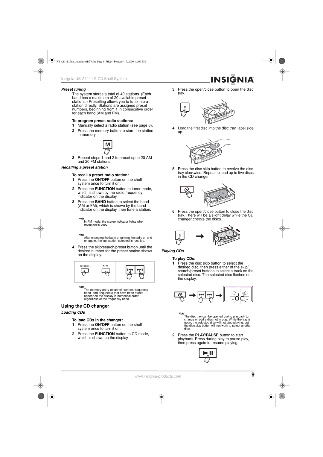 Insignia NS-A1111 manual Using the CD changer, Preset tuning, Recalling a preset station, Playing CDs, Loading CDs 