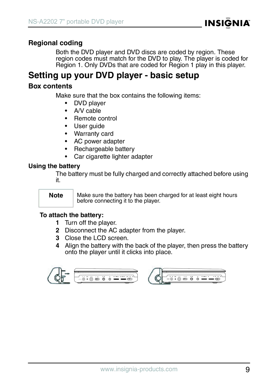 Insignia NS-A2202 manual Setting up your DVD player basic setup, Regional coding, Box contents 