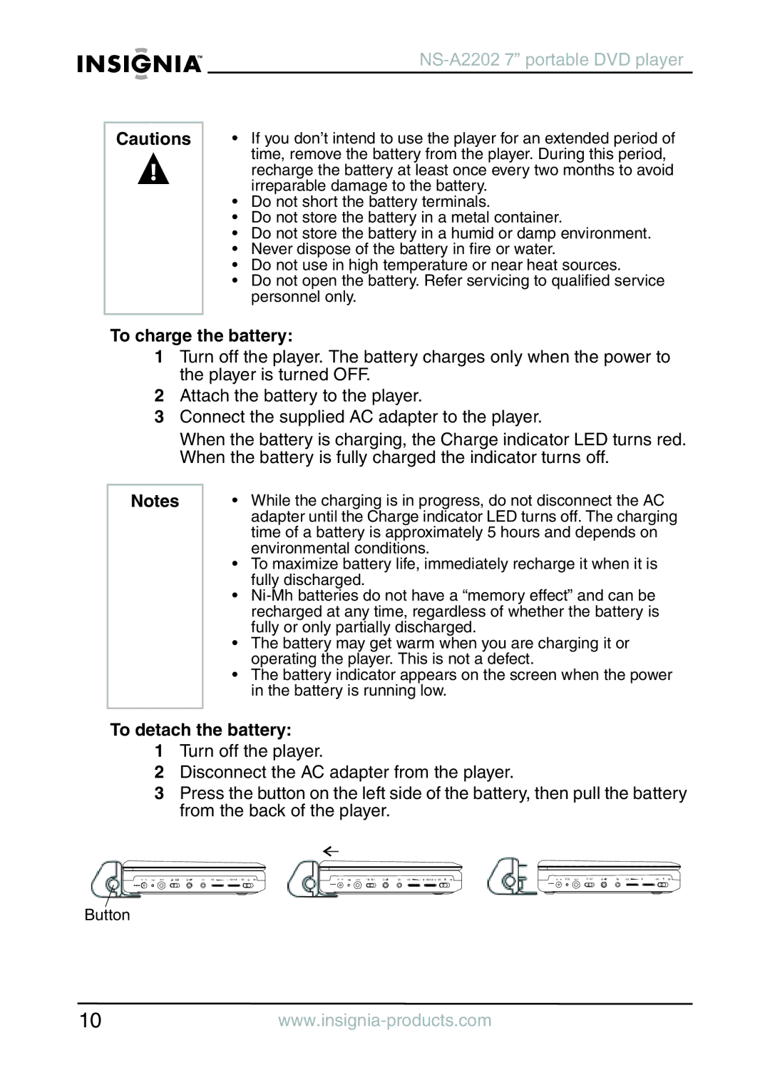 Insignia NS-A2202 manual To charge the battery, To detach the battery 