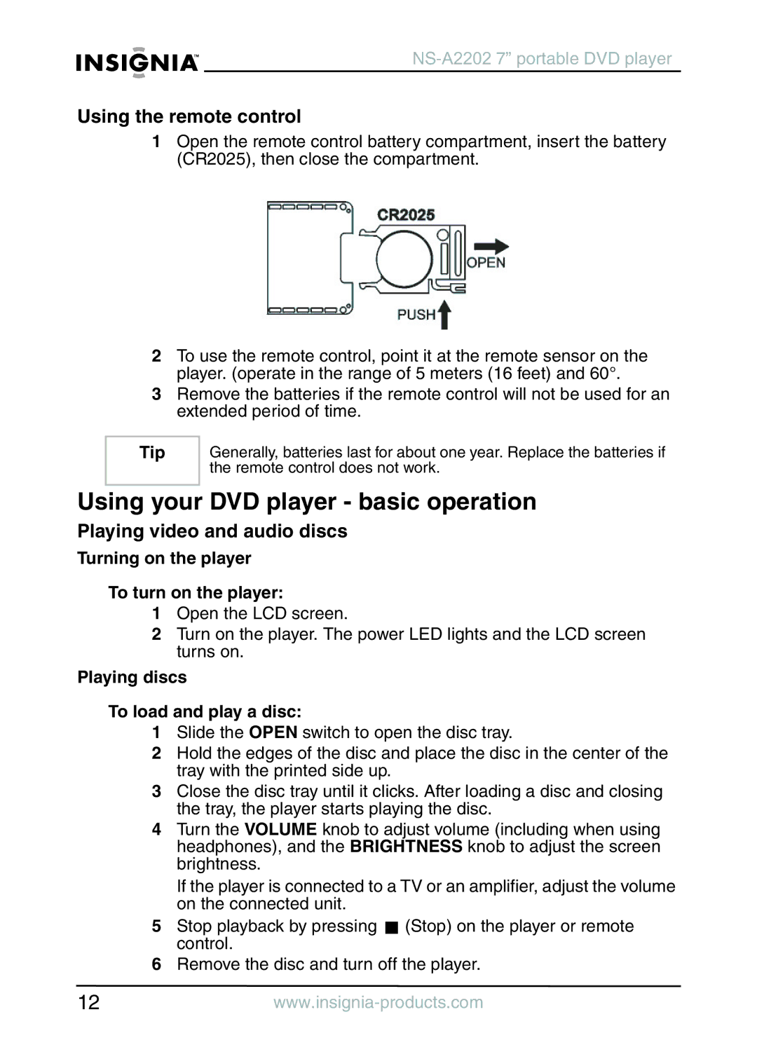 Insignia NS-A2202 manual Using your DVD player basic operation, Using the remote control, Playing video and audio discs 