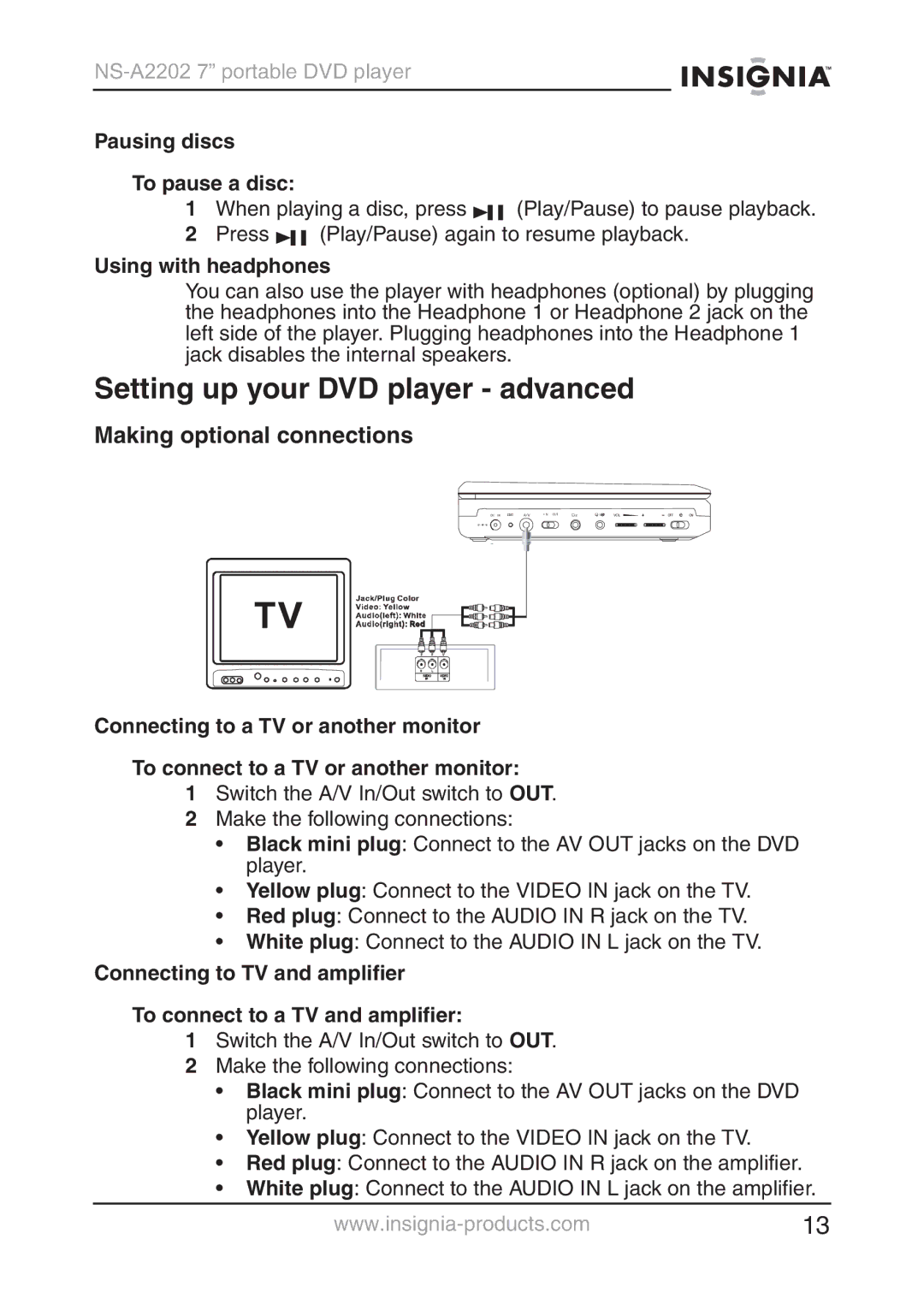 Insignia NS-A2202 manual Setting up your DVD player advanced, Making optional connections, Pausing discs To pause a disc 