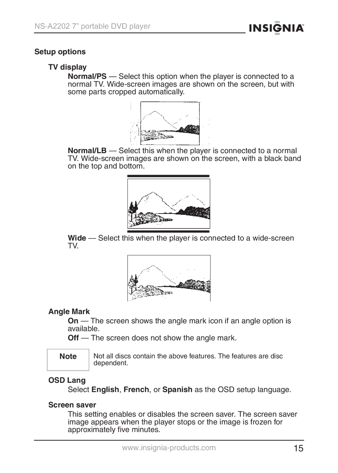 Insignia NS-A2202 manual Setup options TV display, Angle Mark, OSD Lang, Screen saver 