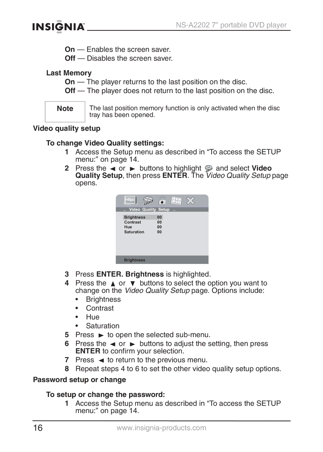 Insignia NS-A2202 manual Last Memory, Video quality setup To change Video Quality settings 