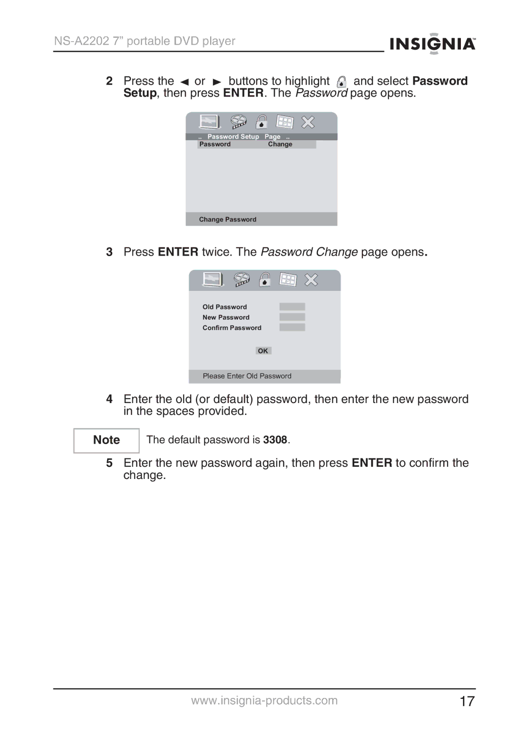 Insignia NS-A2202 manual Press Enter twice. The Password Change page opens 