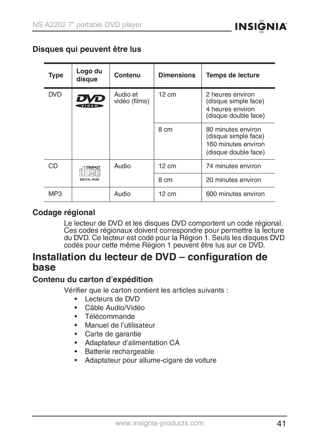 Insignia NS-A2202 Installation du lecteur de DVD configuration de base, Disques qui peuvent être lus, Codage régional 