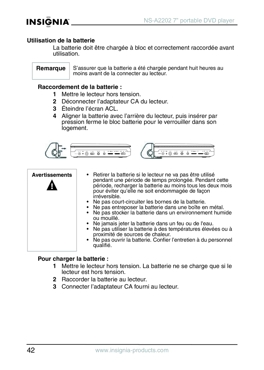 Insignia NS-A2202 manual Utilisation de la batterie, Raccordement de la batterie, Pour charger la batterie, Avertissements 