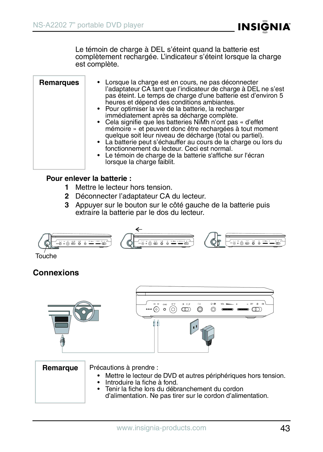 Insignia NS-A2202 manual Connexions, Remarques, Pour enlever la batterie 