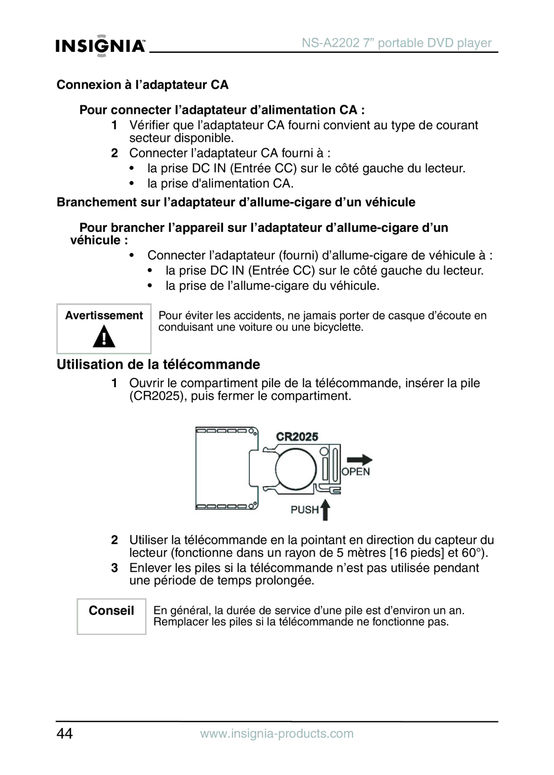 Insignia NS-A2202 manual Utilisation de la télécommande, Conseil 