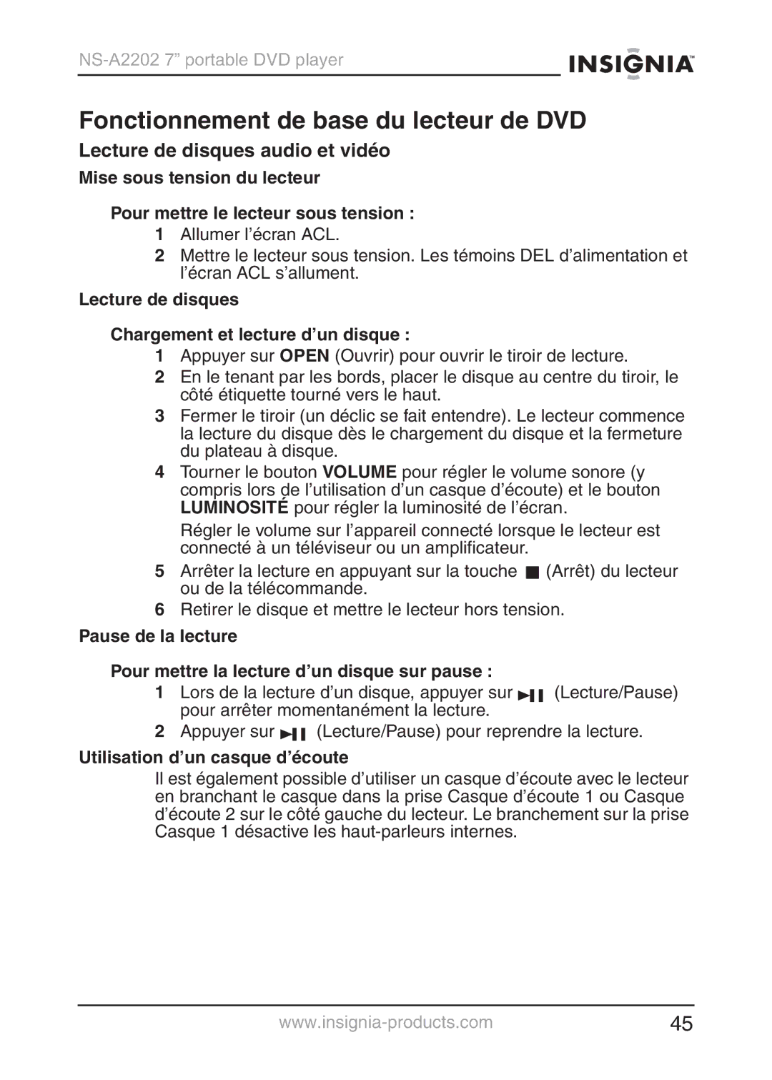 Insignia NS-A2202 manual Fonctionnement de base du lecteur de DVD, Lecture de disques audio et vidéo 