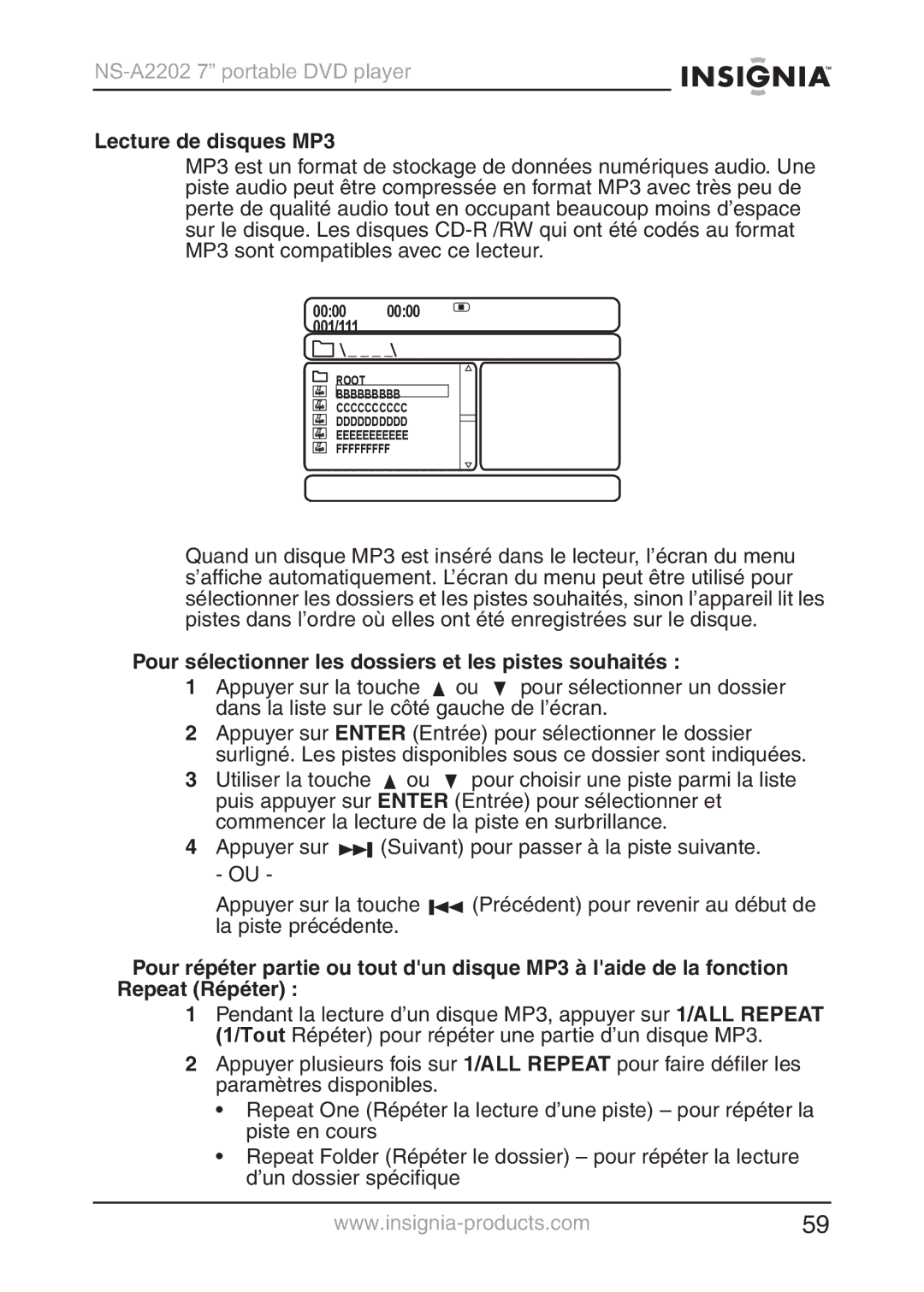 Insignia NS-A2202 manual Lecture de disques MP3, Pour sélectionner les dossiers et les pistes souhaités 