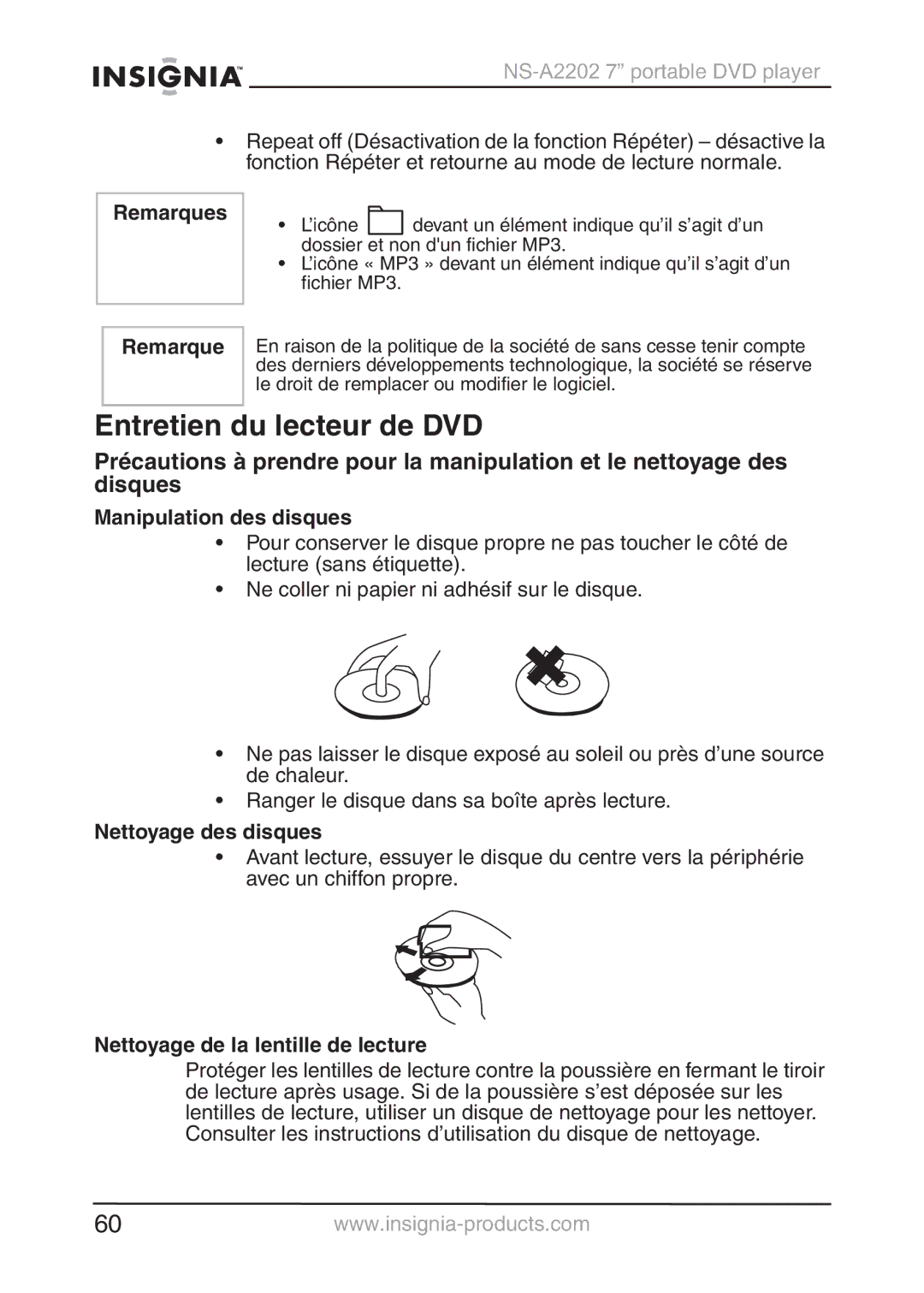 Insignia NS-A2202 manual Entretien du lecteur de DVD, Manipulation des disques, Nettoyage des disques 