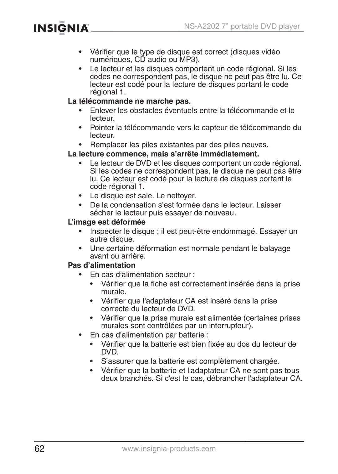 Insignia NS-A2202 La télécommande ne marche pas, La lecture commence, mais s’arrête immédiatement, ’image est déformée 