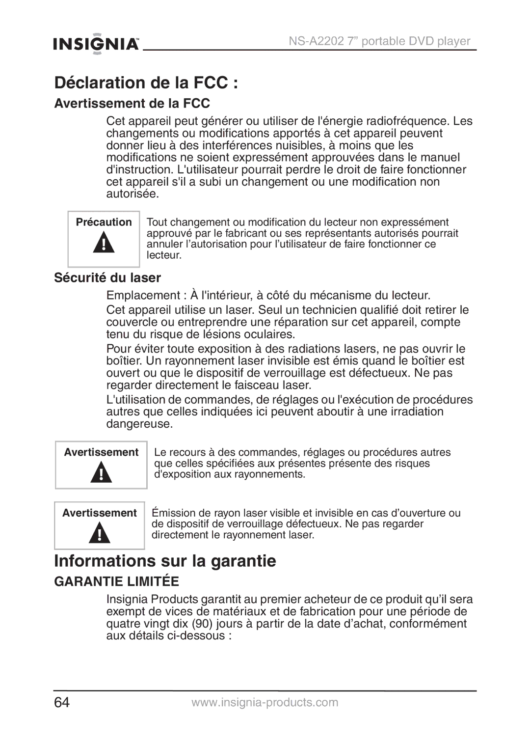 Insignia NS-A2202 manual Déclaration de la FCC, Informations sur la garantie, Avertissement de la FCC, Sécurité du laser 