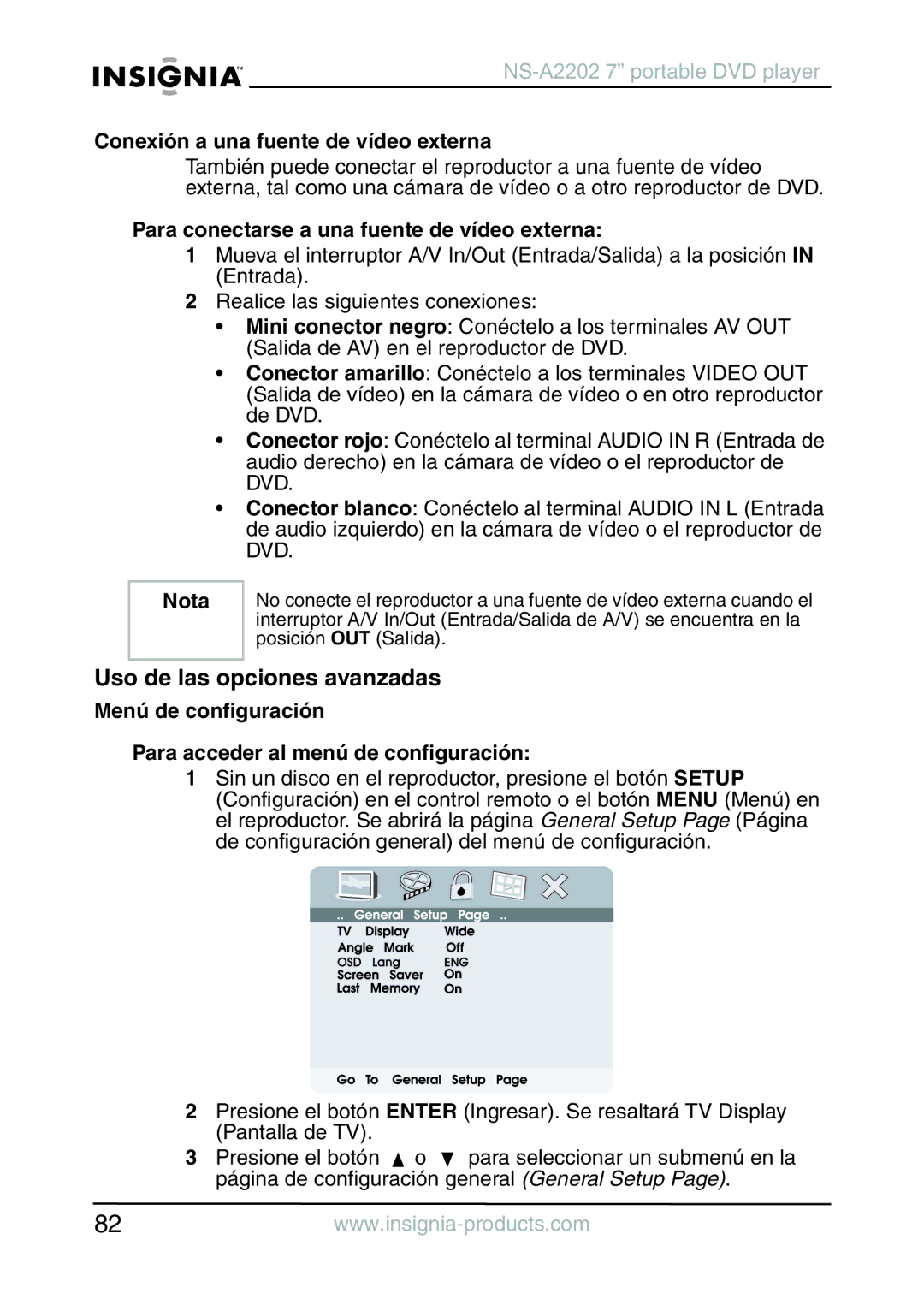 Insignia NS-A2202 manual Uso de las opciones avanzadas, Conexión a una fuente de vídeo externa 