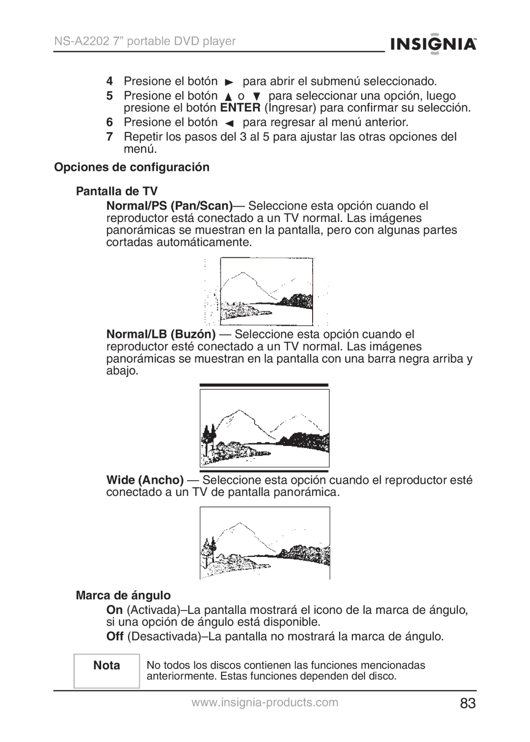 Insignia NS-A2202 manual Opciones de configuración Pantalla de TV, Marca de ángulo 