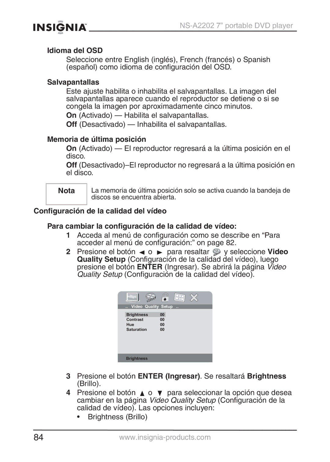 Insignia NS-A2202 manual Idioma del OSD, Salvapantallas, Memoria de última posición 