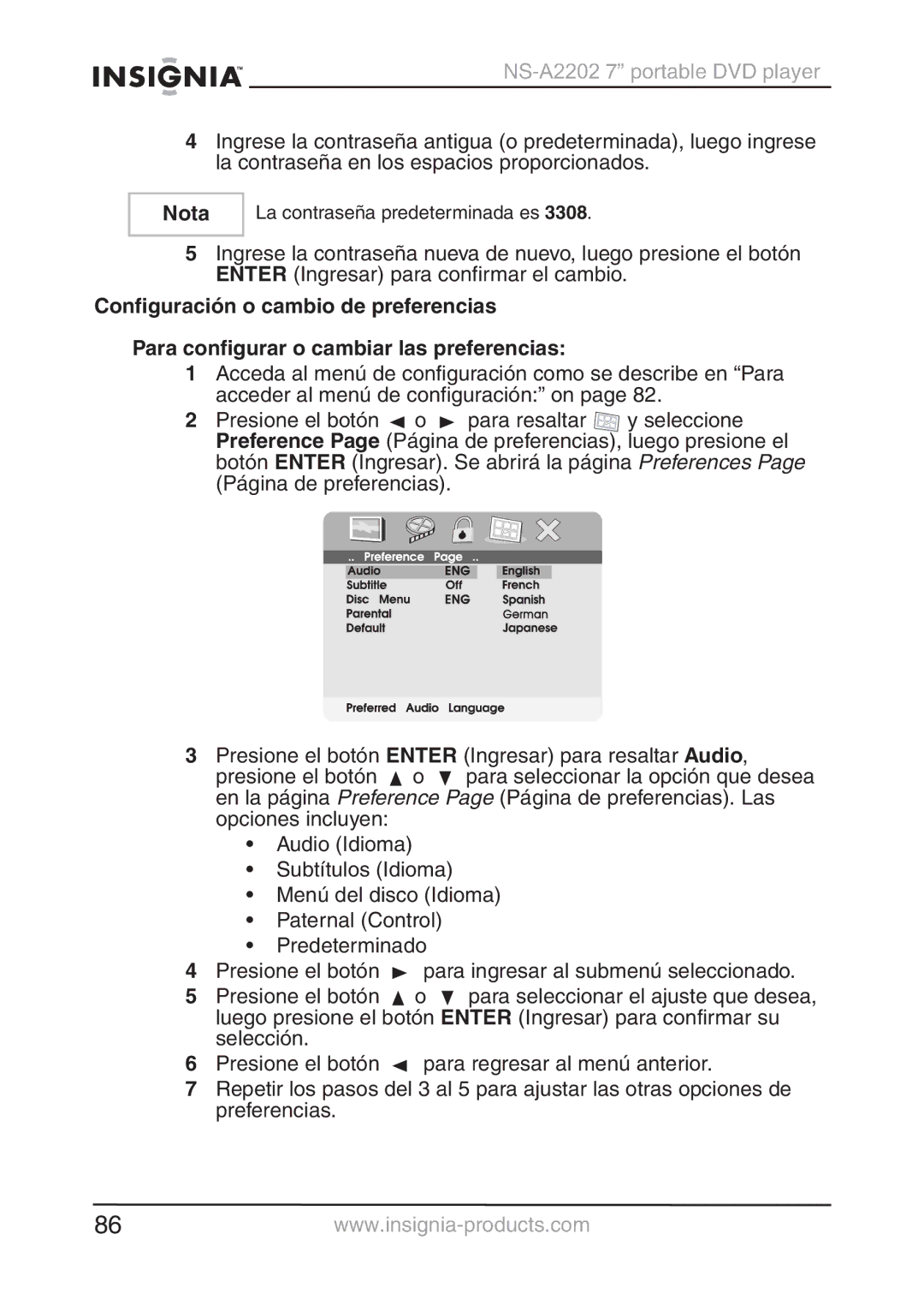 Insignia NS-A2202 manual La contraseña predeterminada es 