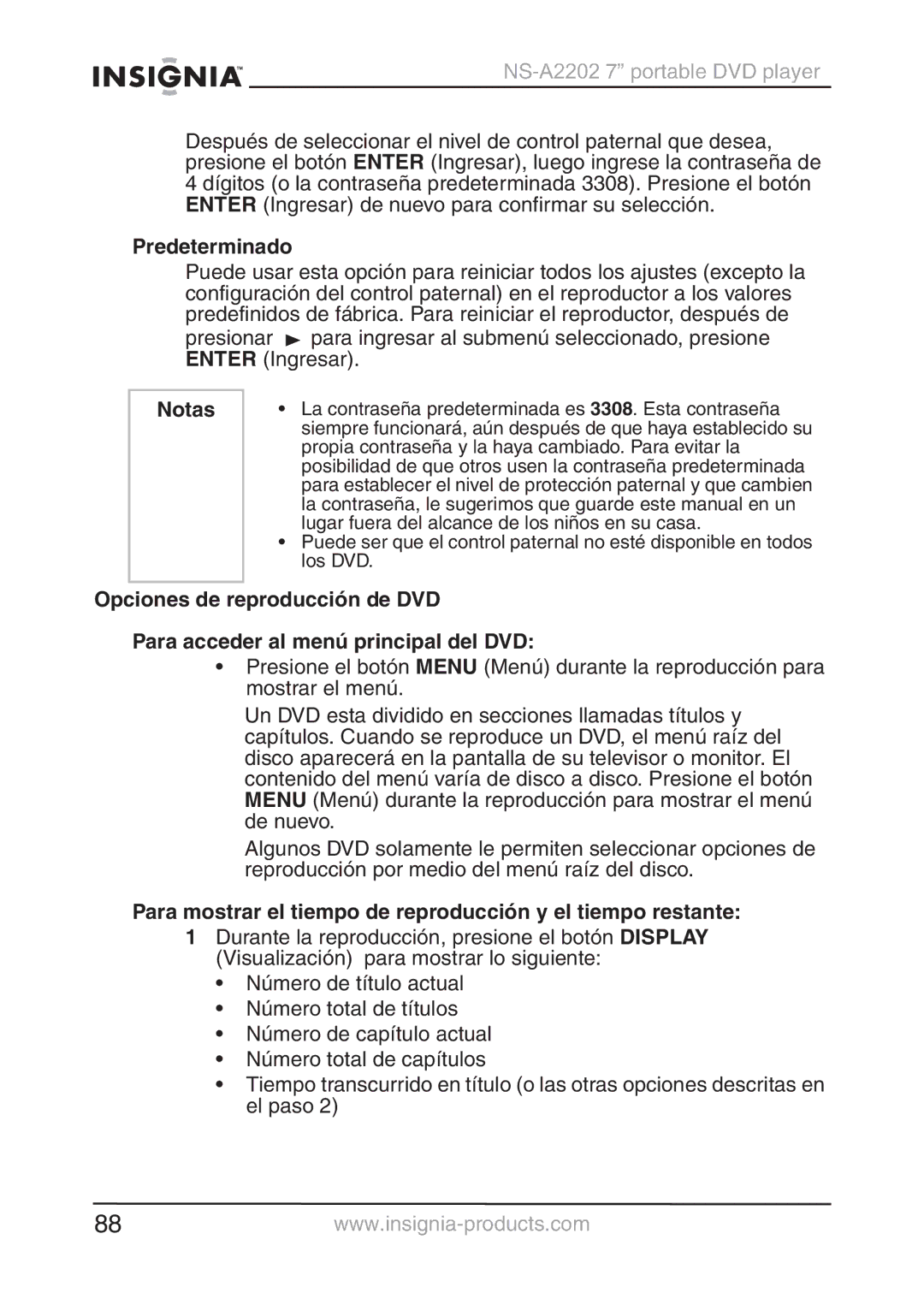 Insignia NS-A2202 manual Predeterminado, Para mostrar el tiempo de reproducción y el tiempo restante 