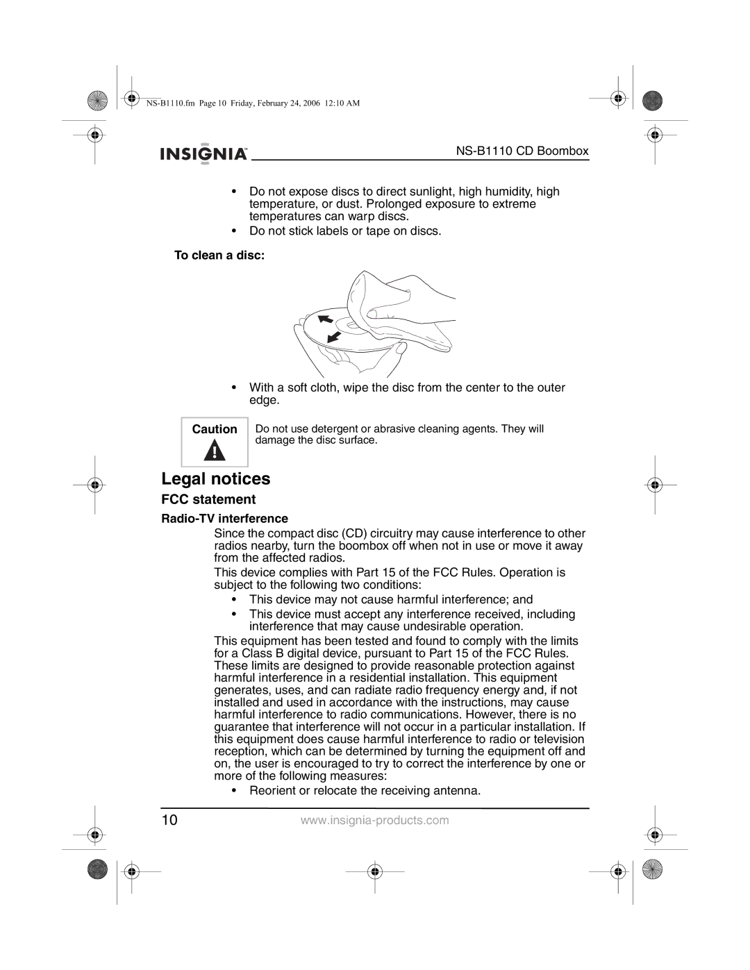 Insignia NS-B1110 manual Legal notices, FCC statement, To clean a disc, Radio-TV interference 