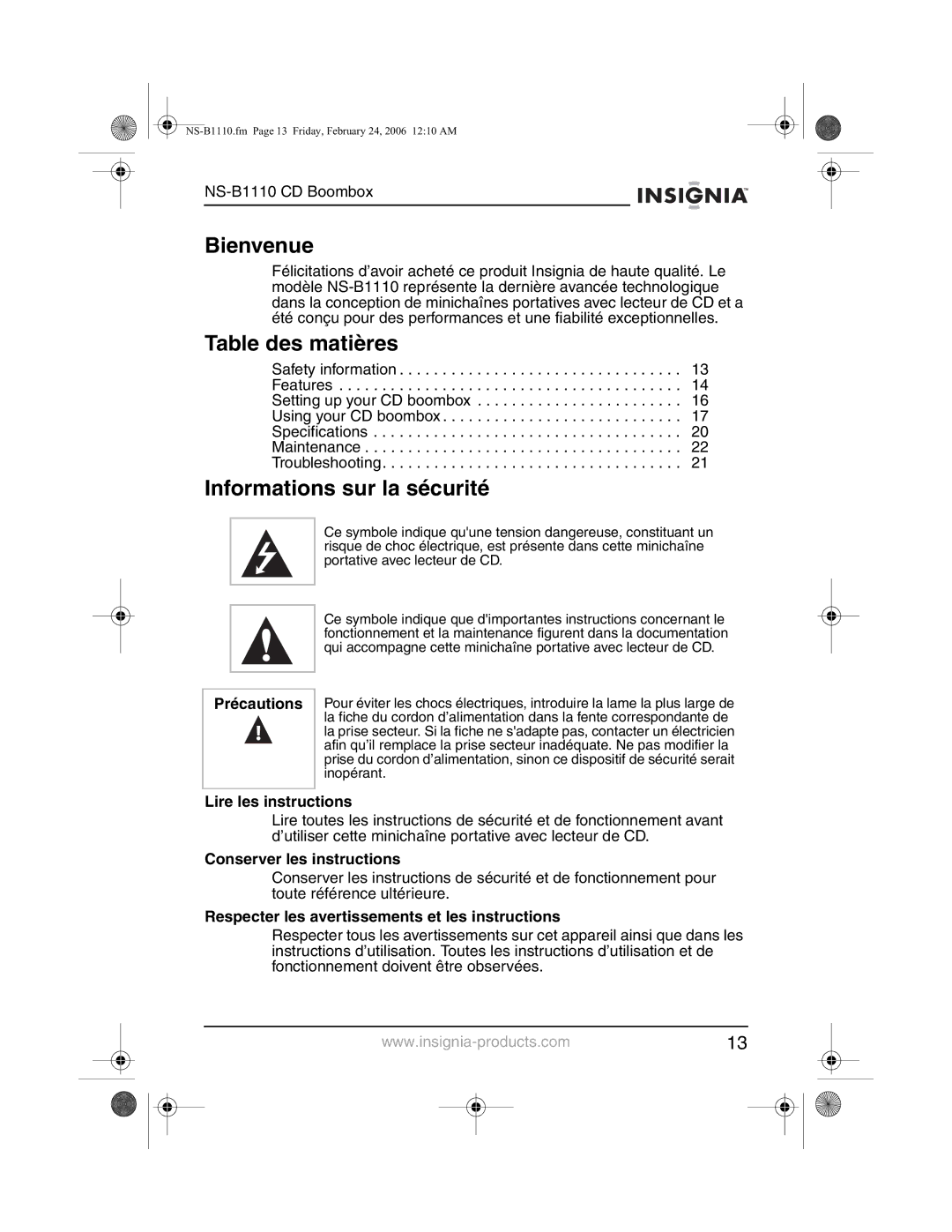 Insignia NS-B1110 manual Bienvenue, Table des matières, Informations sur la sécurité 