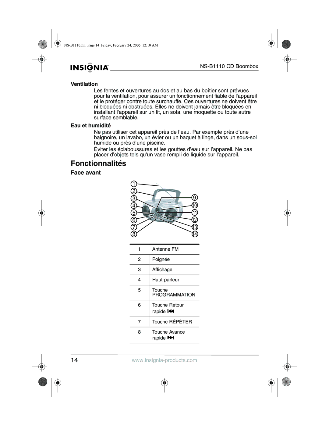 Insignia NS-B1110 manual Fonctionnalités, Face avant, Eau et humidité 