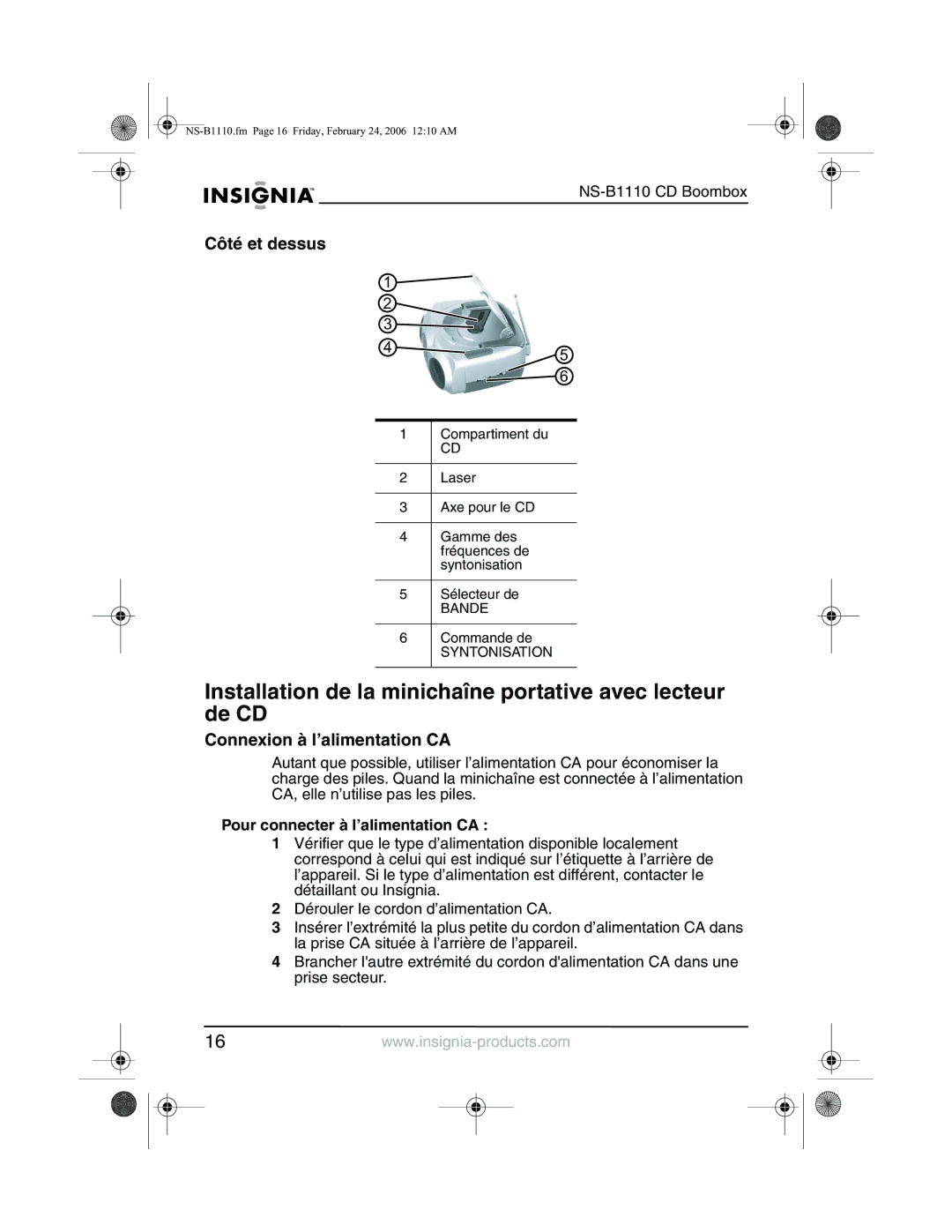 Insignia NS-B1110 manual Installation de la minichaîne portative avec lecteur de CD, Côté et dessus 