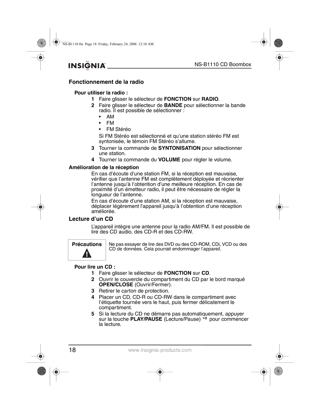 Insignia NS-B1110 manual Fonctionnement de la radio, Lecture d’un CD, Pour utiliser la radio, Amélioration de la réception 