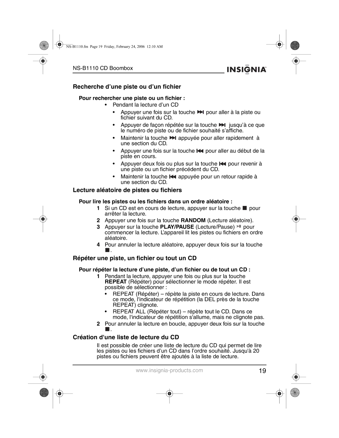 Insignia NS-B1110 manual Recherche d’une piste ou d’un fichier, Lecture aléatoire de pistes ou fichiers 