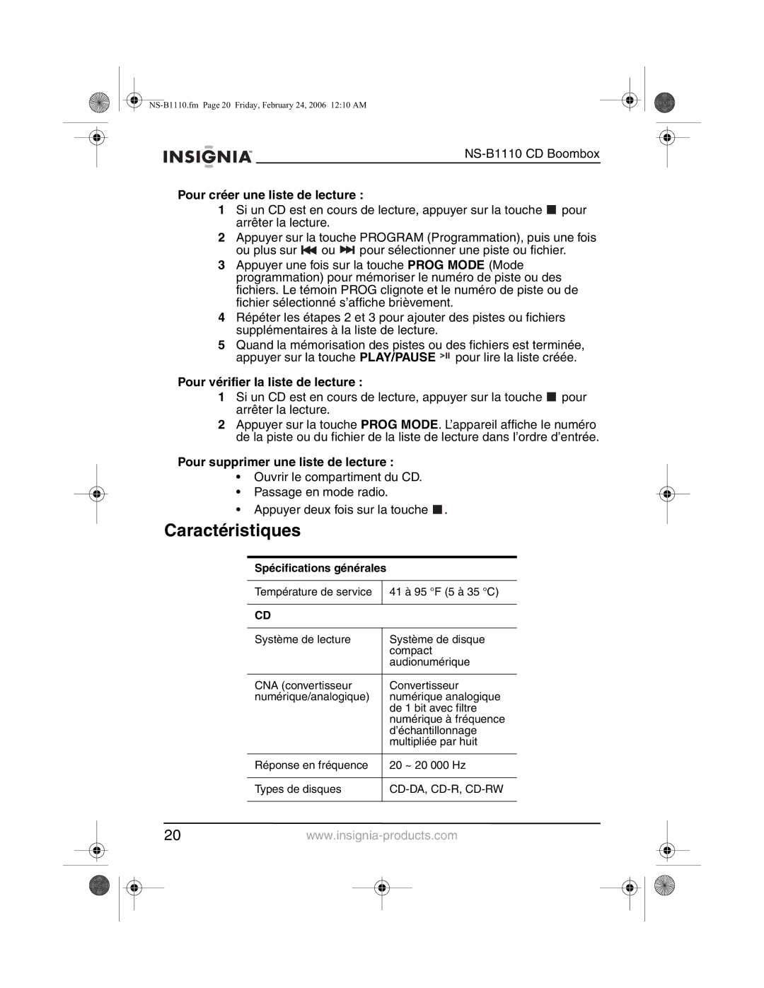 Insignia NS-B1110 manual Caractéristiques, Pour créer une liste de lecture, Pour vérifier la liste de lecture 