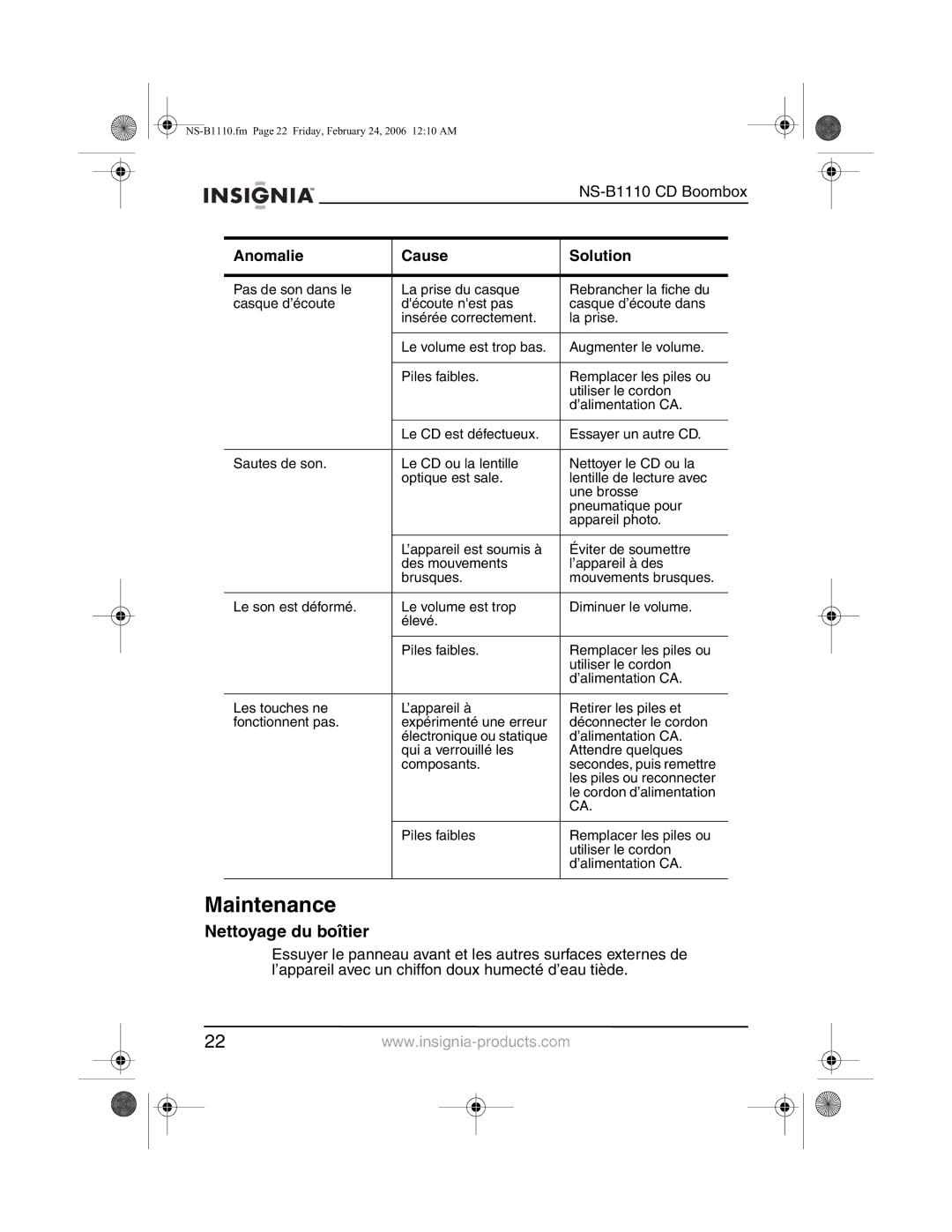 Insignia NS-B1110 manual Maintenance, Nettoyage du boîtier 