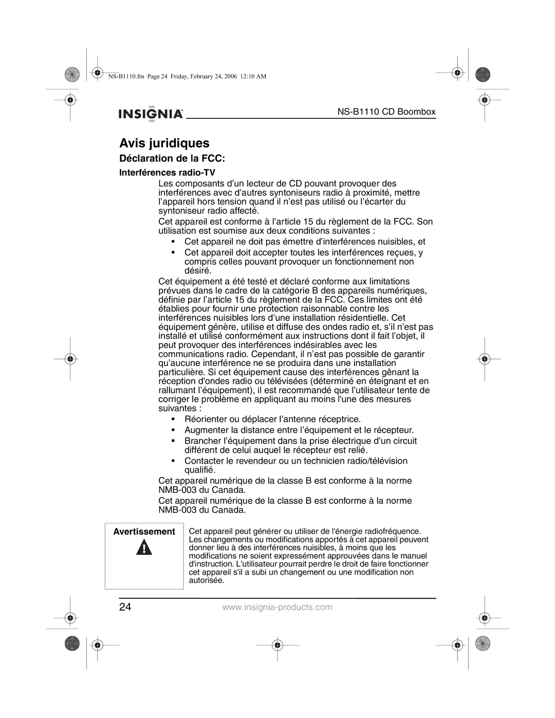 Insignia NS-B1110 manual Avis juridiques, Déclaration de la FCC, Interférences radio-TV, Avertissement 
