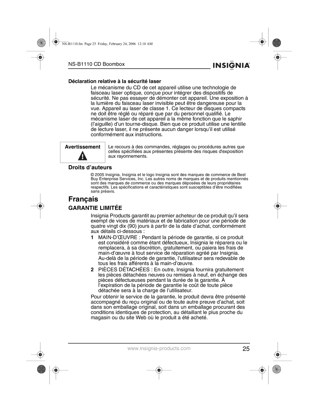 Insignia NS-B1110 manual Français, Droits d’auteurs, Déclaration relative à la sécurité laser 