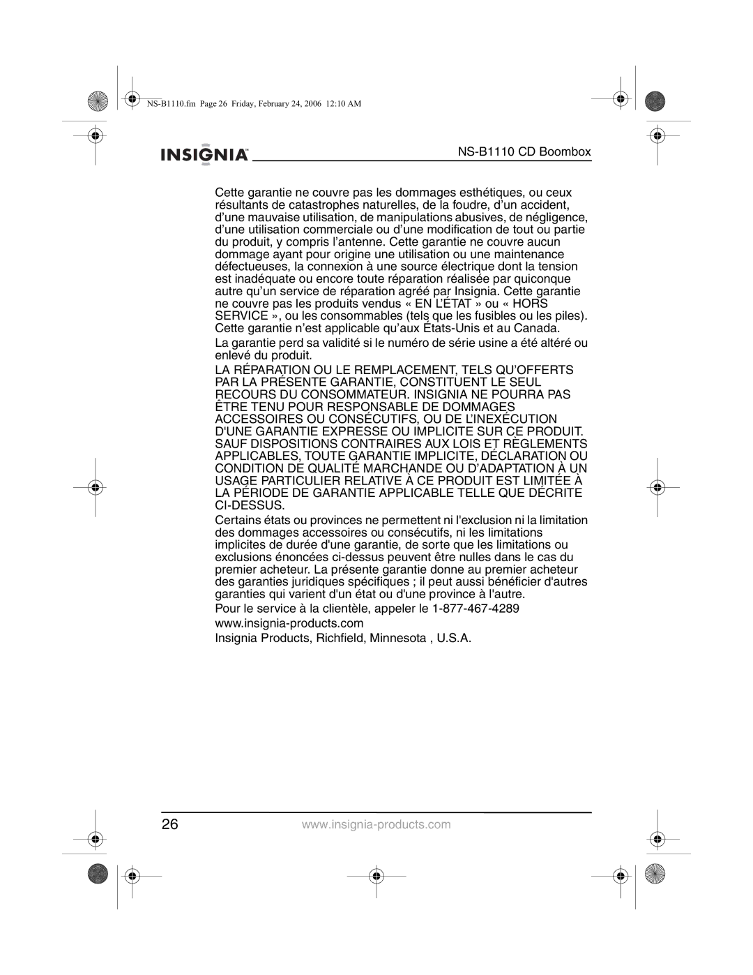 Insignia manual NS-B1110.fm Page 26 Friday, February 24, 2006 1210 AM 